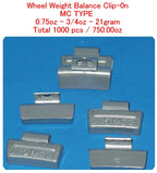 1000 Pcs ZN CLIP-ON WHEEL WEIGHT  0.75oz 3/4oz 21g MC Type Total 750.00oz