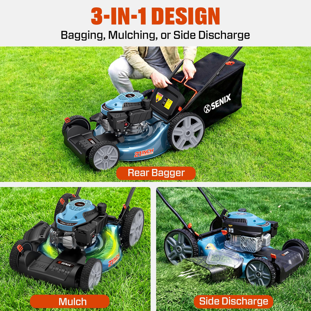 21'' Self-Propelled Gas Lawn Mower (FWD), 170 cc 4-Cycle Engine 3.8 HP, 3-in-1 (Bagging/Mulching/Side Discharge), 6-Position Cutting Height Adjustment, 1.7 Bushels Grass Bag
