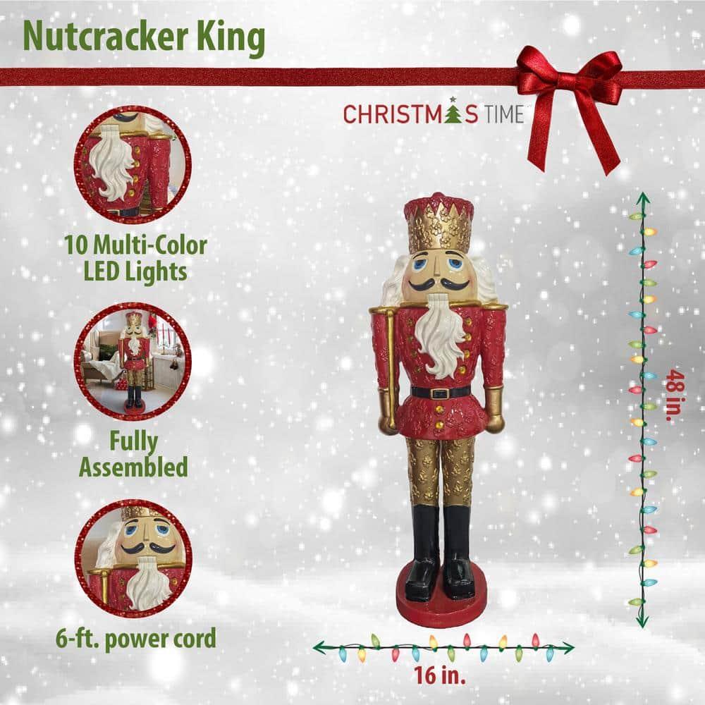 48 in. Red Resin Christmas Nutcracker King Holding a Baton with LED Lights