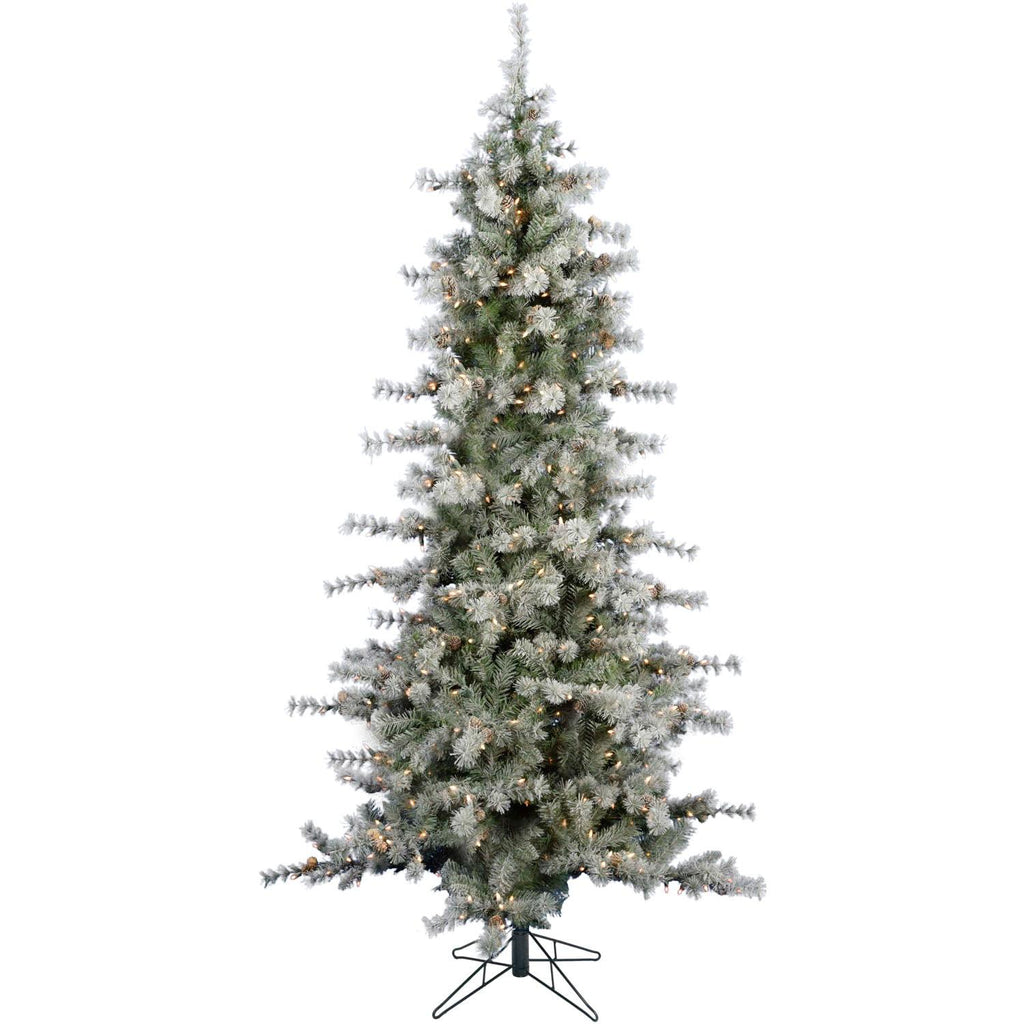 Fraser Hill Farm Clear Prelit LED Green Flocked Buffalo Fir Slim Artificial Christmas Tree, with String Lighting 9'