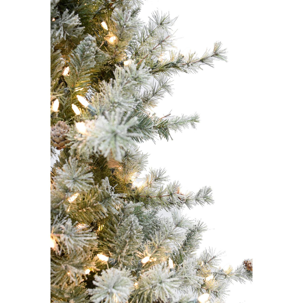 Fraser Hill Farm Clear Prelit LED Green Flocked Buffalo Fir Slim Artificial Christmas Tree, with String Lighting 9'
