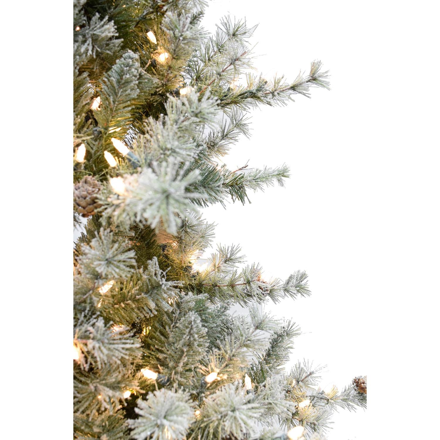 Fraser Hill Farm Clear Prelit LED Green Flocked Buffalo Fir Slim Artificial Christmas Tree, with String Lighting 9'