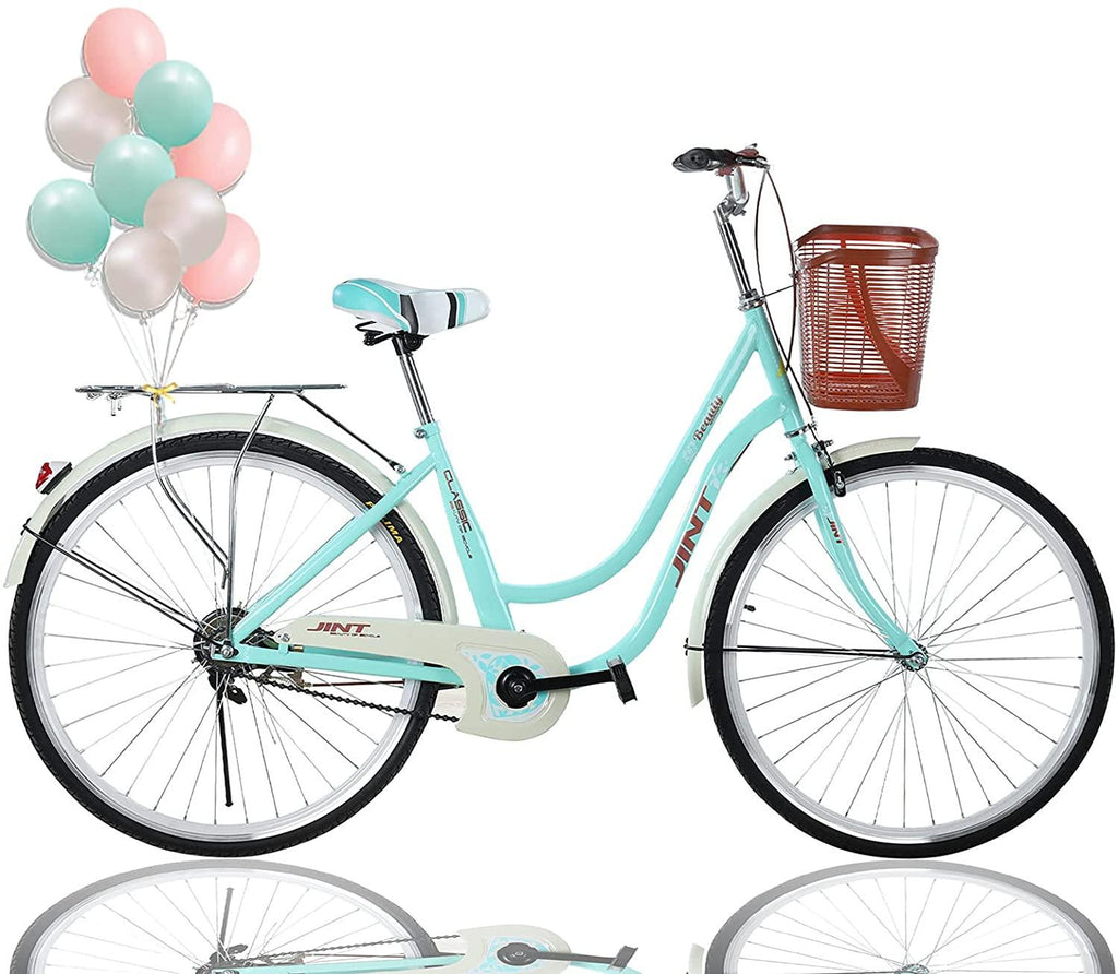 Womens Cruiser Bike 26 Inch Beach Cruiser Bike Classic Retro Bicycle Road Bikes, Single Speed Bicycle Commuter Bicycle High-Carbon Steel Frame, Front Basket, Rear Racks