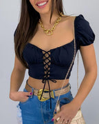 plain lace up short sleeve v-neck top