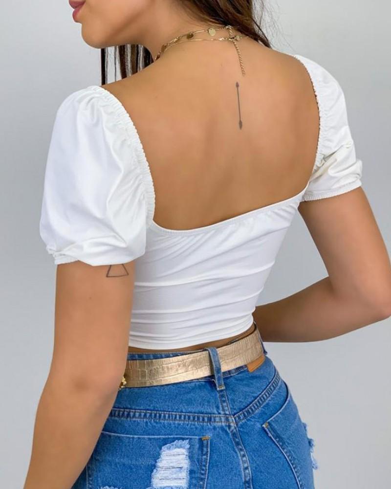 plain lace up short sleeve v-neck top