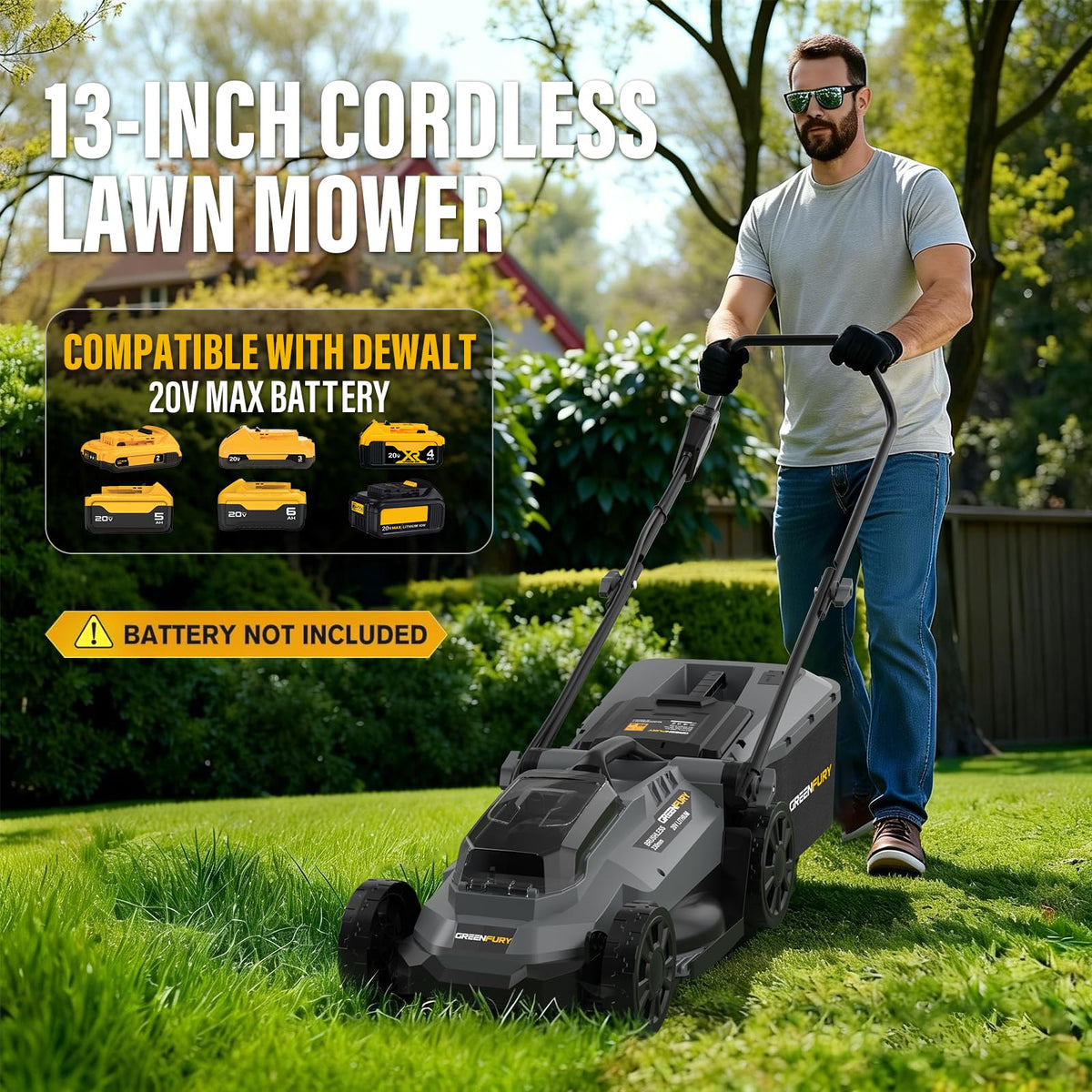 Cordless Lawn Mower Compatible with Dewalt 20V MAX Battery (Tool Only) | 13" Deck, Brushless Motor, 5-Position Height Adjust, 8 Gal Bag, Ideal for Small Yards