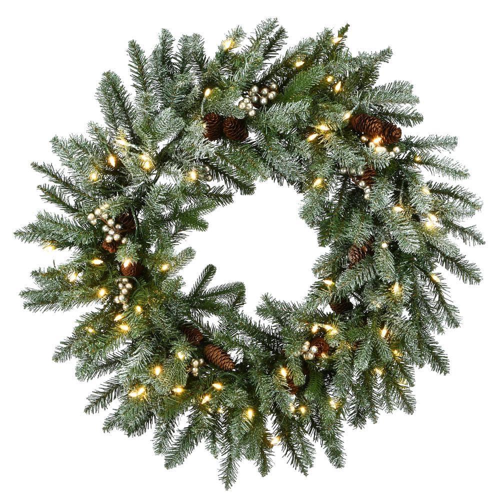 30 in. Artificial Feel Real Snowy Morgan Spruce Wreath with 70 Warm White Battery Operated LED Lights with Timer