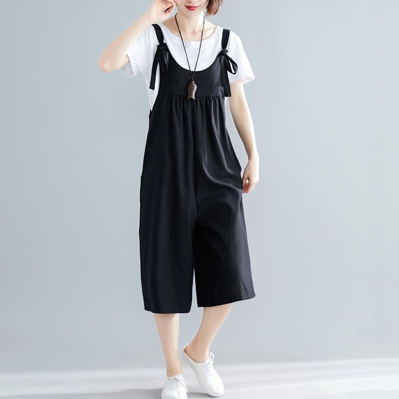 Summer Solid Casual Loose Adjustable Belts Cropped Jumpsuits