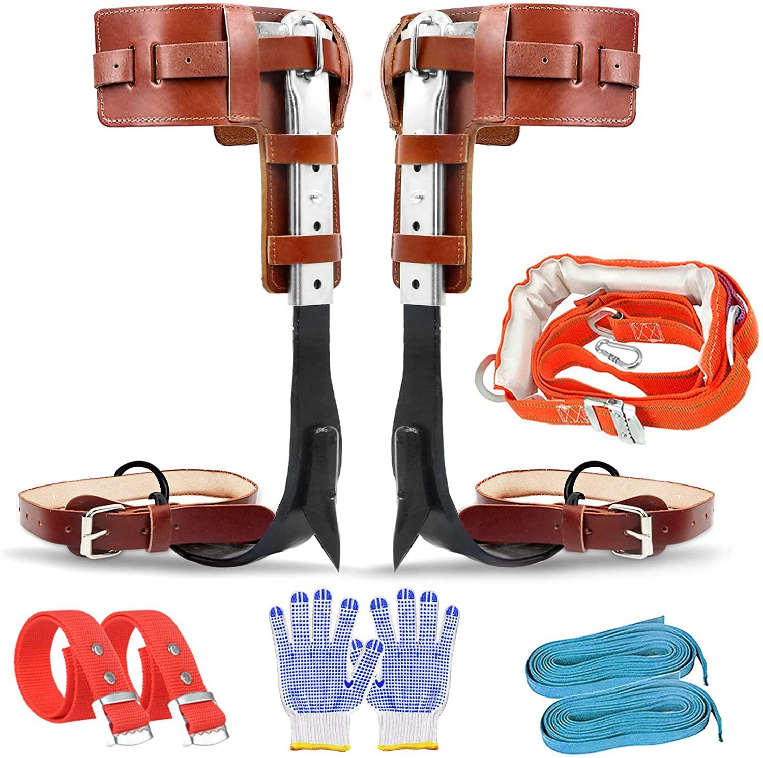 GothicBride Tree Climbing Spikes -Steel with Harness Belt, Upgraded Leather Tree Climbing Tool Set Adjustable Tree Climbing Spike with Non-Slip Pedal for Outdoor Activities (with belt)