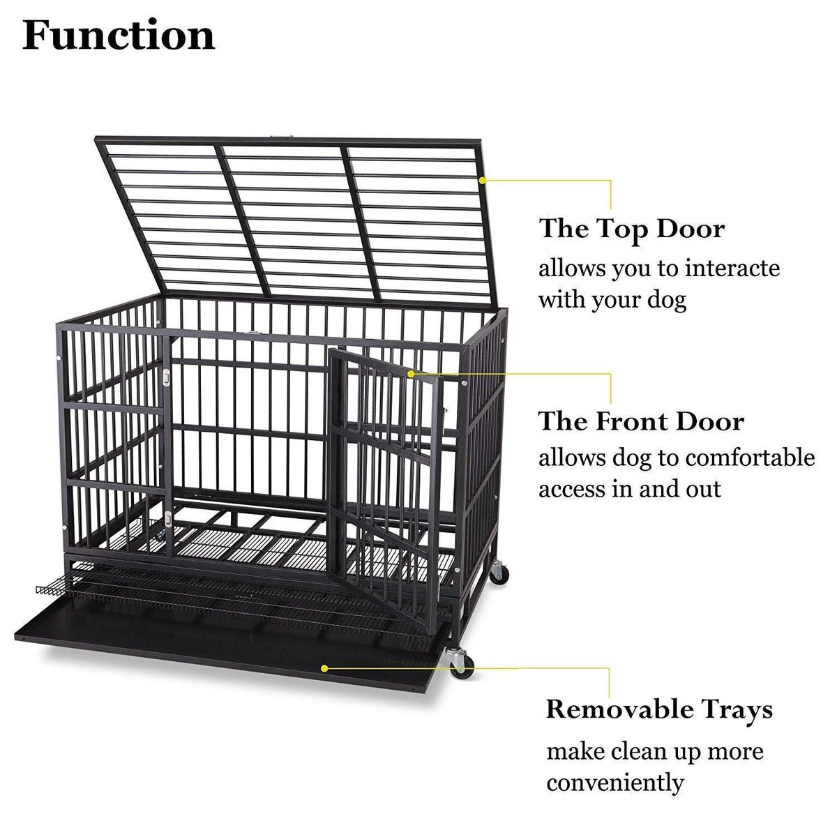 ITORI Heavy Duty Dog Cage-Strong Folding Metal Crate Kennel and Playpen for Medium and LarDogs with Double Door, Two Lock, Tray and Rolling Wheels(36 42 48)