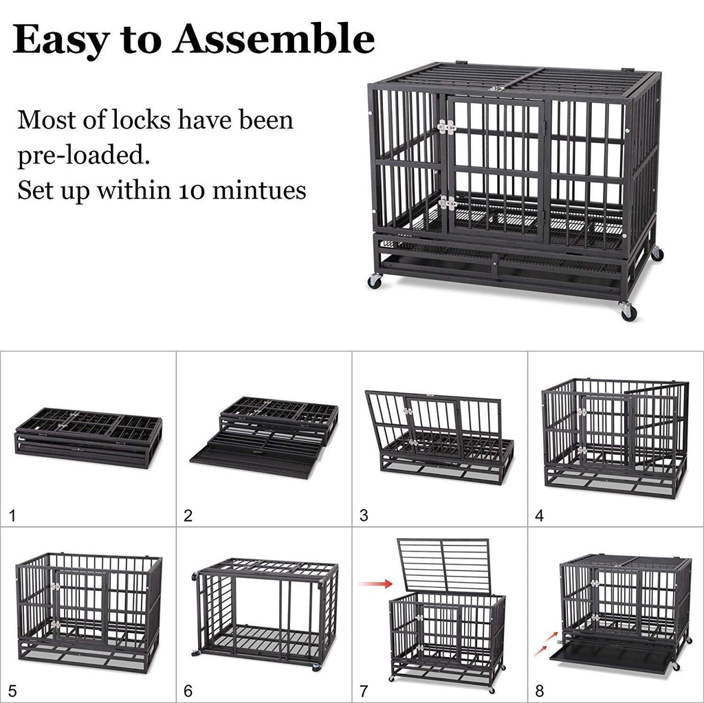 ITORI Heavy Duty Dog Cage-Strong Folding Metal Crate Kennel and Playpen for Medium and LarDogs with Double Door, Two Lock, Tray and Rolling Wheels(36 42 48)