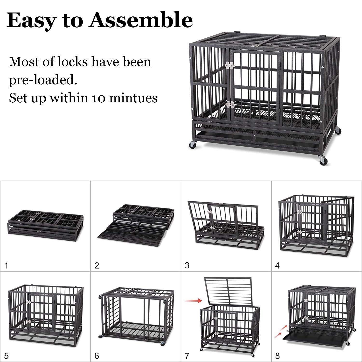 ITORI Heavy Duty Dog Cage-Strong Folding Metal Crate Kennel and Playpen for Medium and LarDogs with Double Door, Two Lock, Tray and Rolling Wheels(36 42 48)