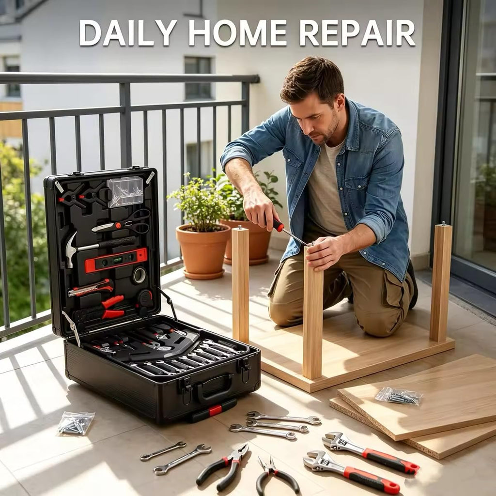 799pcs Aluminum Trolley Case Tool Set Silver, House Repair Kit Set, Household Hand Tool Set, with Tool Belt,Gift on Father's Day (Black)