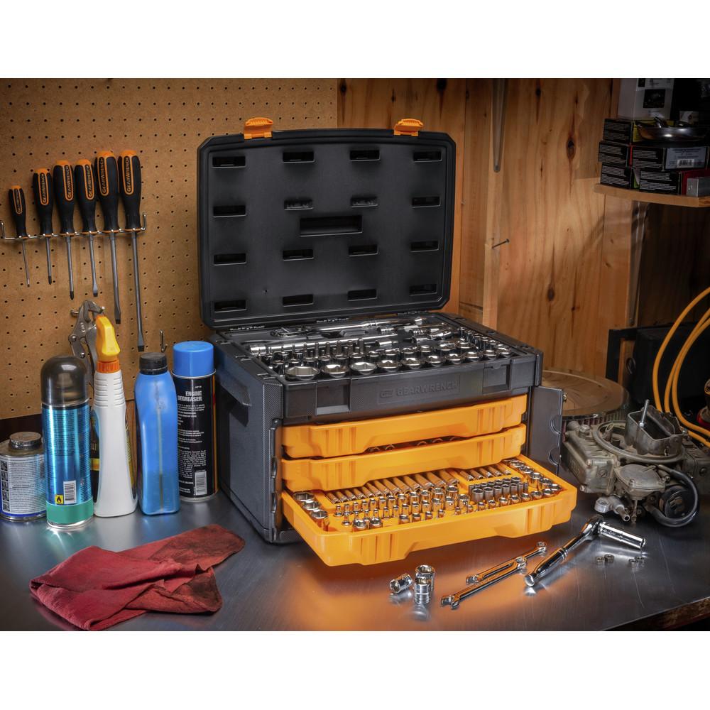 gearwrench 80972 243-piece 12 point 1/4 in., 3/8 in. and 1/2 in. mechanics tool set with 3 drawer storage box