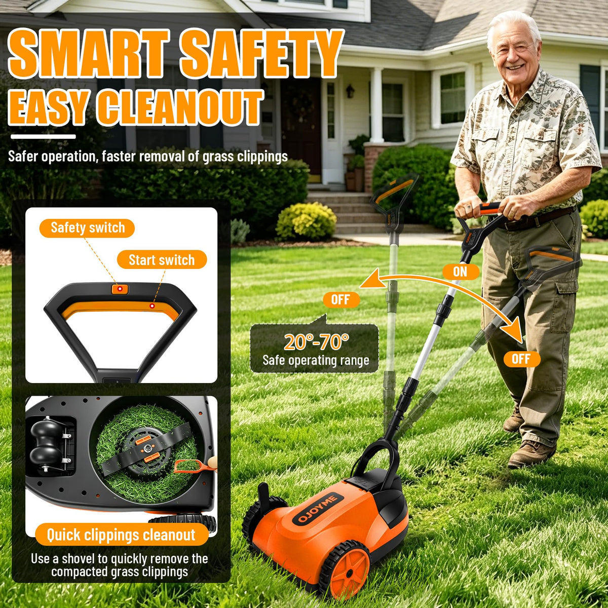 Mini Cordless Lawn Mower, 9 Inch Electric Grass Cutter, Brushless Motor, 2 x 21V 4.0Ah Batteries, 3 Adjustable Cutting Heights, Lightweight Push Mower for Small Yard &amp; Garden (Orange)