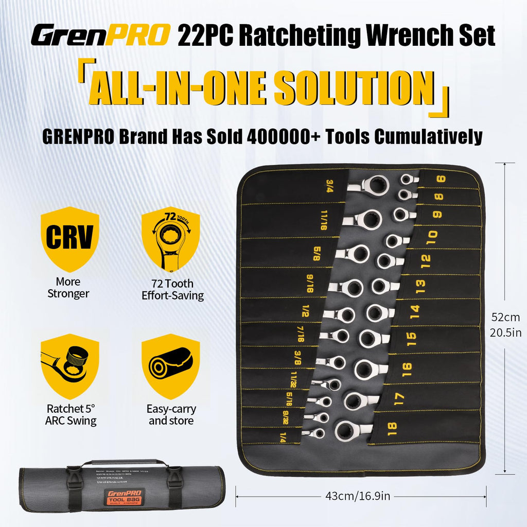 Ratcheting Wrench Set, Combination Wrench Set, 22-Piece SAE & Metric and Standard, 72Th Long Open End, 1/4" to 3/4" & 6-18mm, Organizer With Roll Up Pouch, CR-V Socket Mechanic Hand Tools Sets