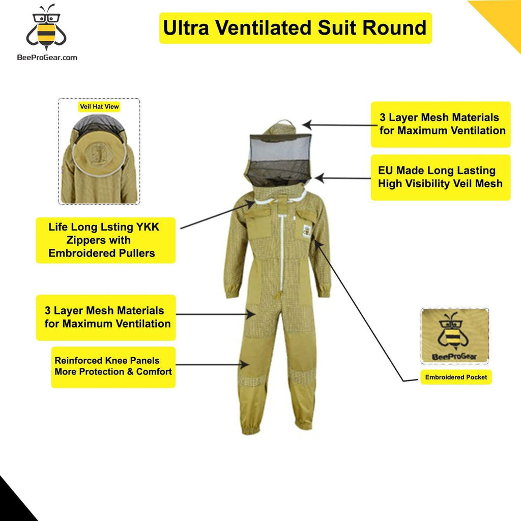 beeprogear ultra ventilated suit round veil brown | bee keeping suit with round veil hat (xx-large)