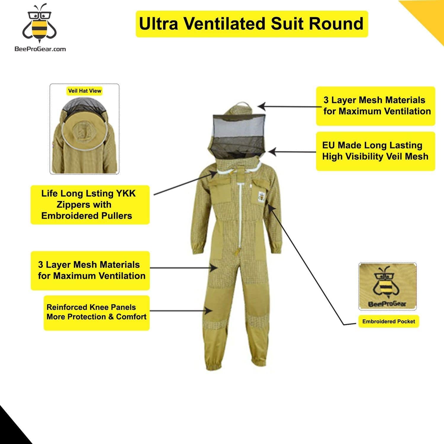 beeprogear ultra ventilated suit round veil brown | bee keeping suit with round veil hat (xx-large)