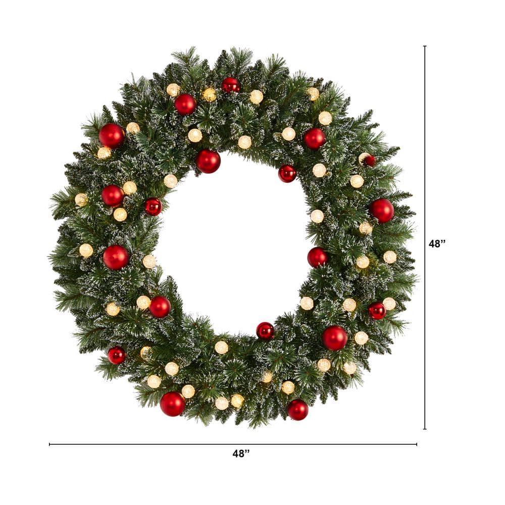 4 ft. Oversized Pre-Lit Frosted Holiday Christmas Artificial Wreath with Ornaments and 40 LED Globe Lights