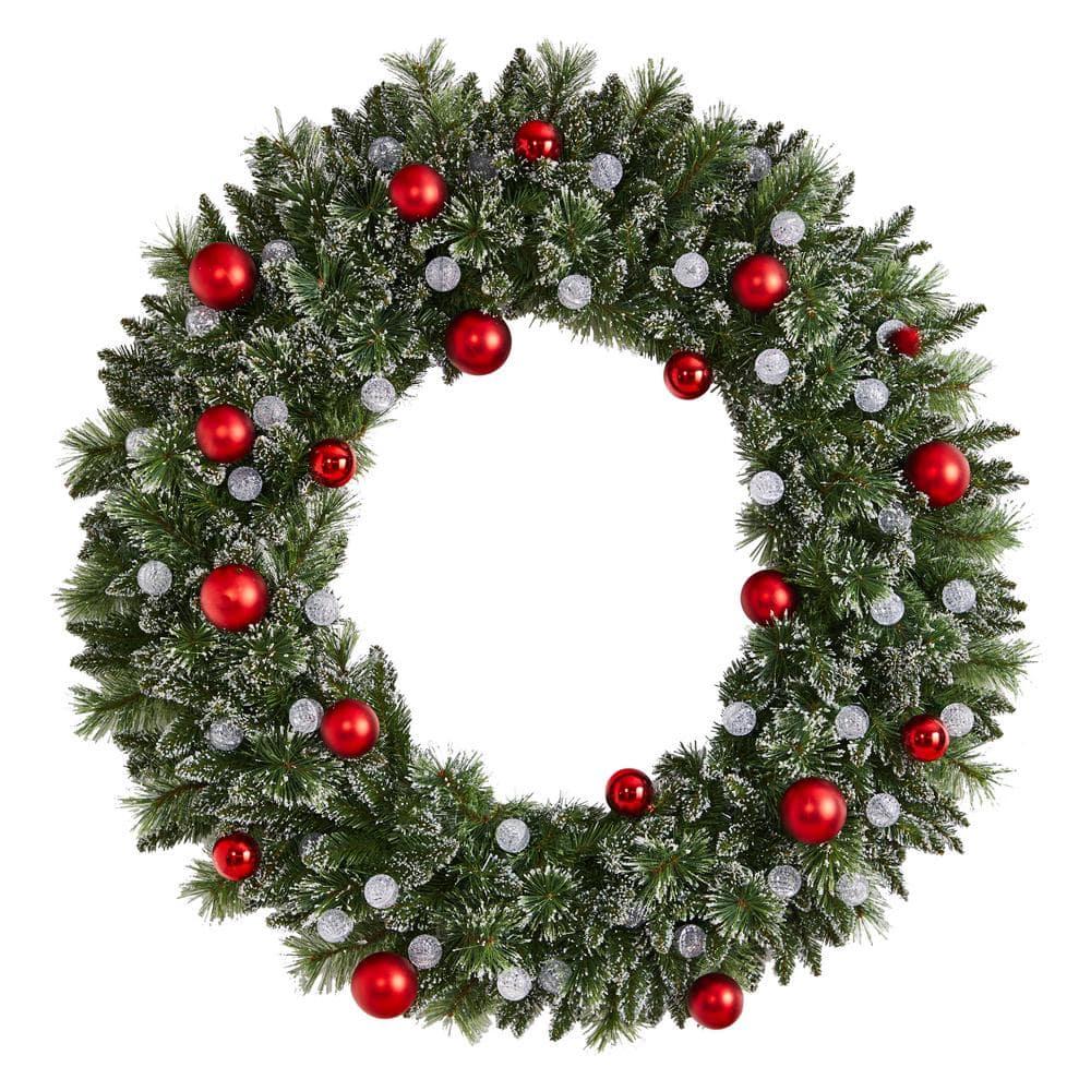 4 ft. Oversized Pre-Lit Frosted Holiday Christmas Artificial Wreath with Ornaments and 40 LED Globe Lights