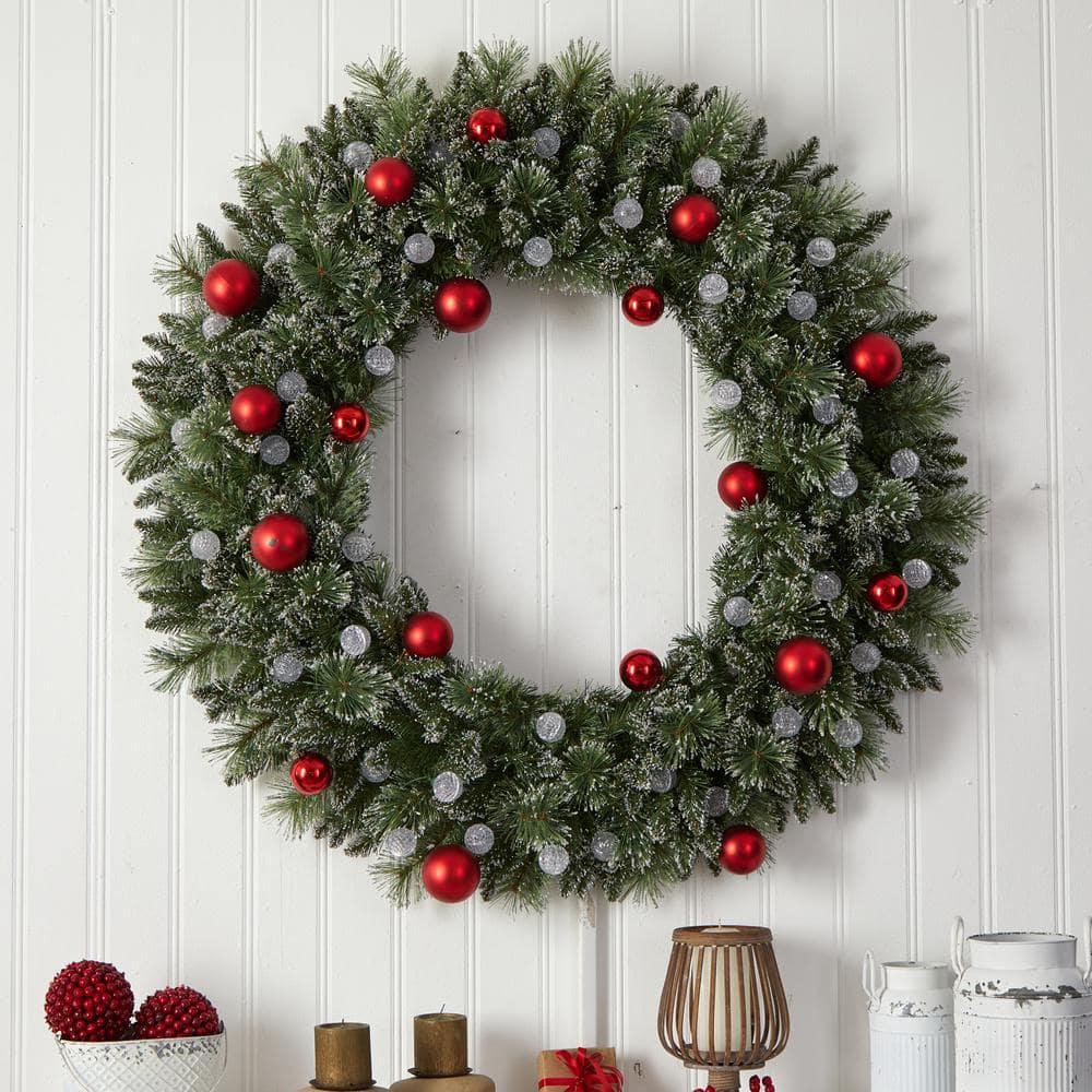 4 ft. Oversized Pre-Lit Frosted Holiday Christmas Artificial Wreath with Ornaments and 40 LED Globe Lights