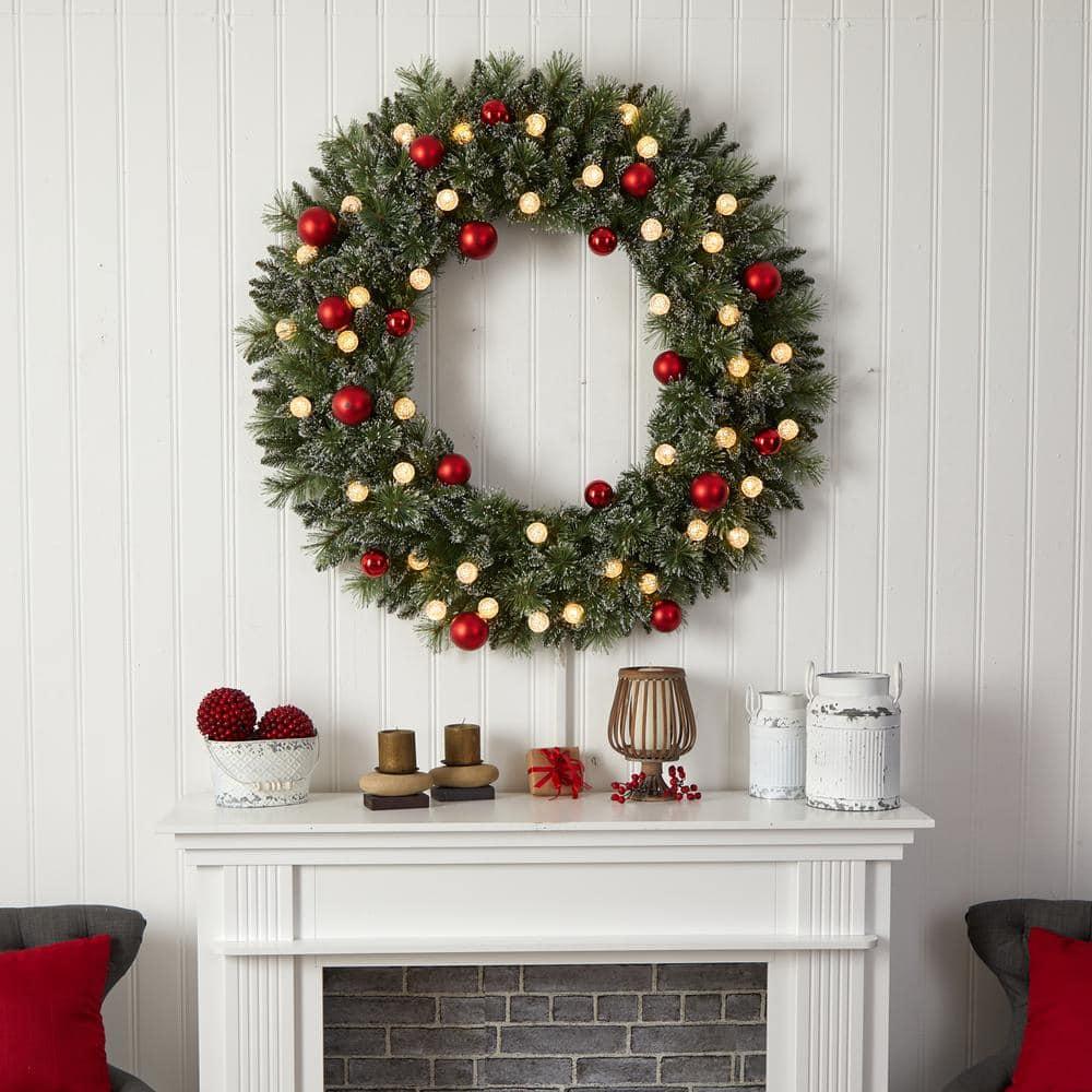 4 ft. Oversized Pre-Lit Frosted Holiday Christmas Artificial Wreath with Ornaments and 40 LED Globe Lights