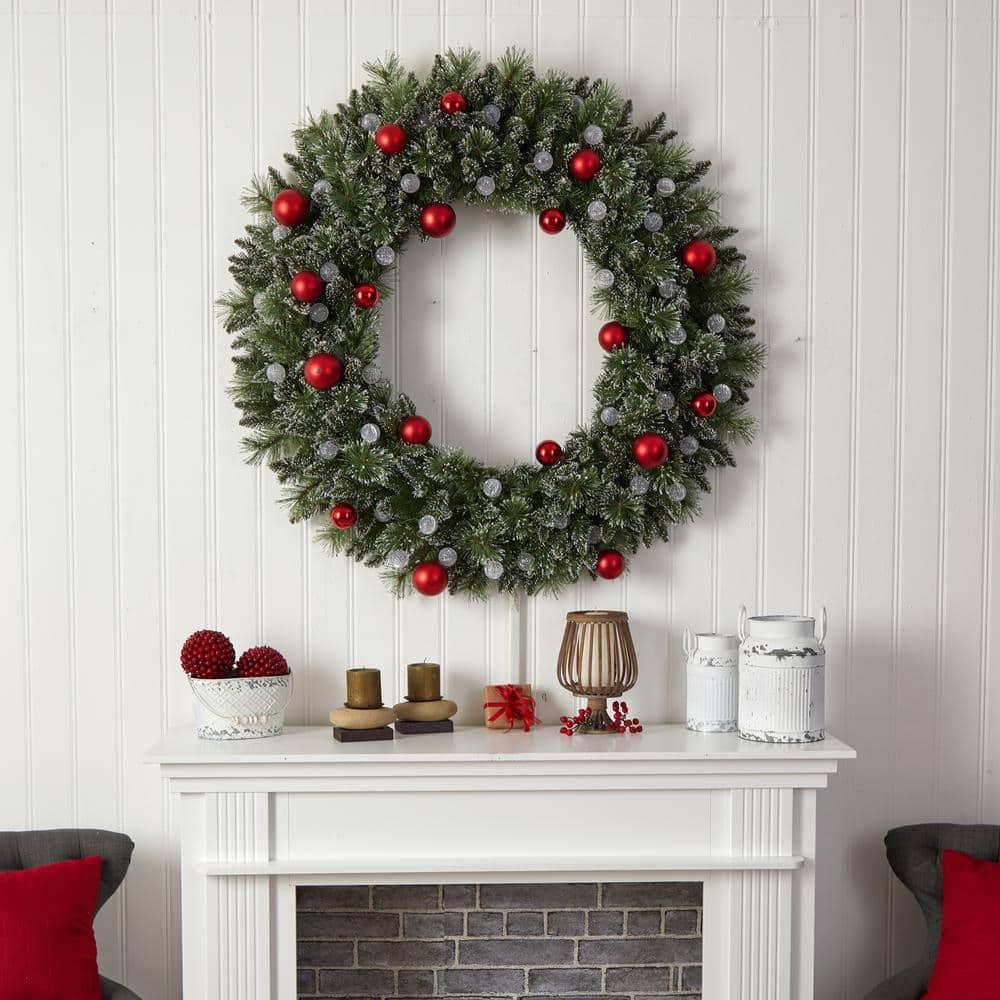 4 ft. Oversized Pre-Lit Frosted Holiday Christmas Artificial Wreath with Ornaments and 40 LED Globe Lights