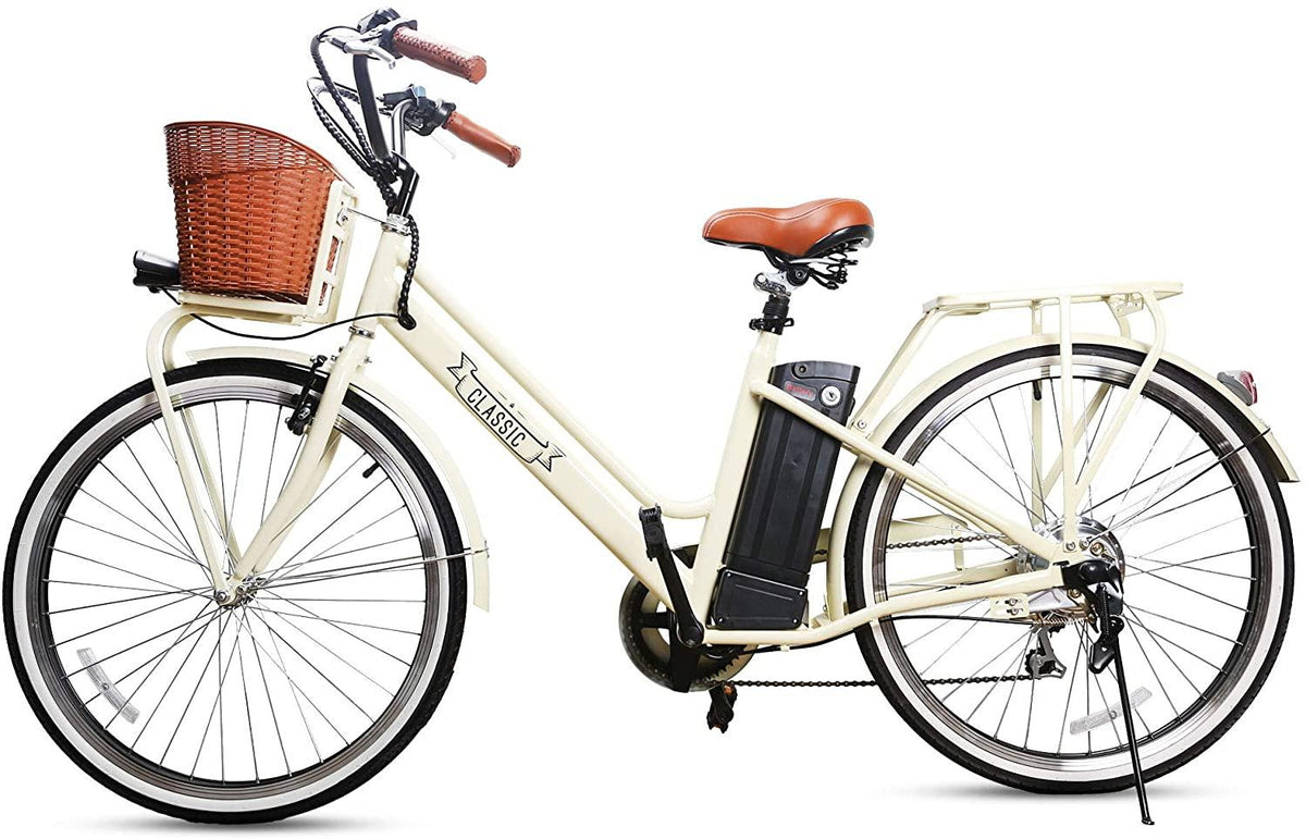 Trekpower 250W Electric Bike 26" Ebike for Female 6 Speed Electric Bikes for Adults with Basket, City Electric Bikes for Women with 36V 12AH Removable Battery, Beige
