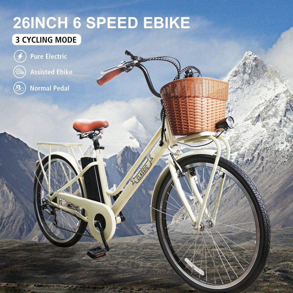 Trekpower 250W Electric Bike 26" Ebike for Female 6 Speed Electric Bikes for Adults with Basket, City Electric Bikes for Women with 36V 12AH Removable Battery, Beige
