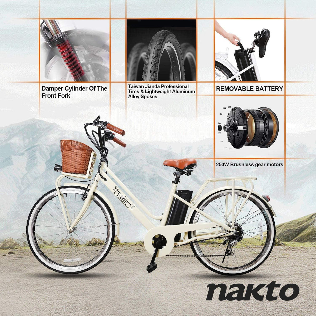 Trekpower 250W Electric Bike 26" Ebike for Female 6 Speed Electric Bikes for Adults with Basket, City Electric Bikes for Women with 36V 12AH Removable Battery, Beige
