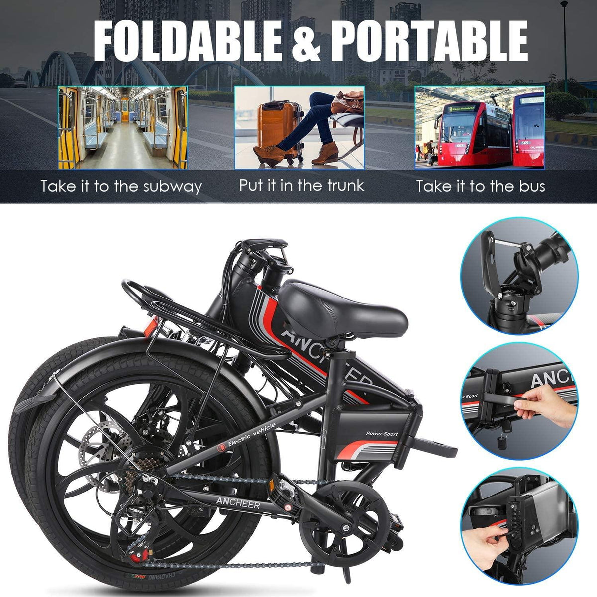 Speedrid Folding Electric Bike Ebike, 20'' Electric Commuter Bicycle with 10.4AH Removable Lithium-Ion Battery, 48V 350W Motor and Professional Rear 7 Speed Gear