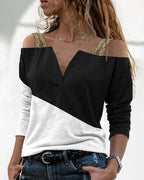 Fashion Color Block Off-shoulder T-shirt