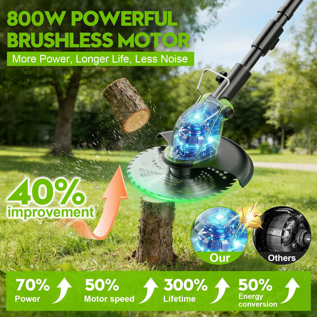 20000 RPM Electric Weed Eater Battery Powered 6000mAh, 12″ Brushless Electric Weed Wacker Cordless Wheeled Edger Trimmer, 4-in-1 Brush Cutter Heavy Duty/String Trimmer/Lawn Mower Edger, 2 Battery Tool