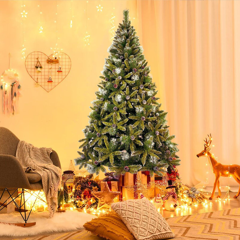 7.4FT Christmas Tree, Hinged Artificial Christmas Tree with 1300 Branch Tips and 65 Pine Cones, Christmas Pine Tree with Metal Stand, Decor for Party Wedding Office Home Bedroom, K1002
