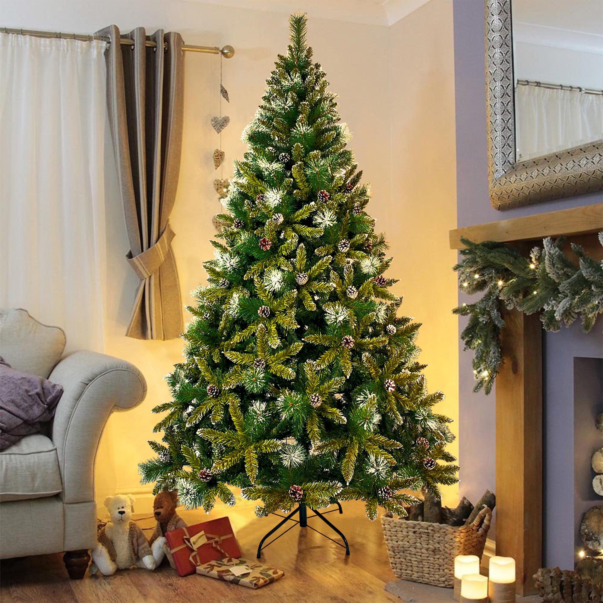 7.4FT Christmas Tree, Hinged Artificial Christmas Tree with 1300 Branch Tips and 65 Pine Cones, Christmas Pine Tree with Metal Stand, Decor for Party Wedding Office Home Bedroom, K1002