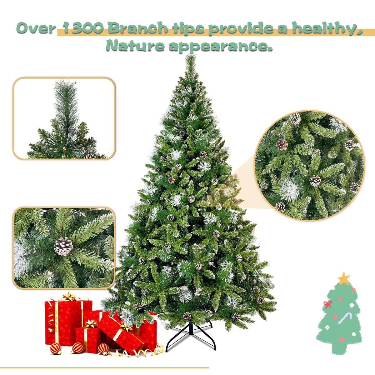 7.4FT Christmas Tree, Hinged Artificial Christmas Tree with 1300 Branch Tips and 65 Pine Cones, Christmas Pine Tree with Metal Stand, Decor for Party Wedding Office Home Bedroom, K1002