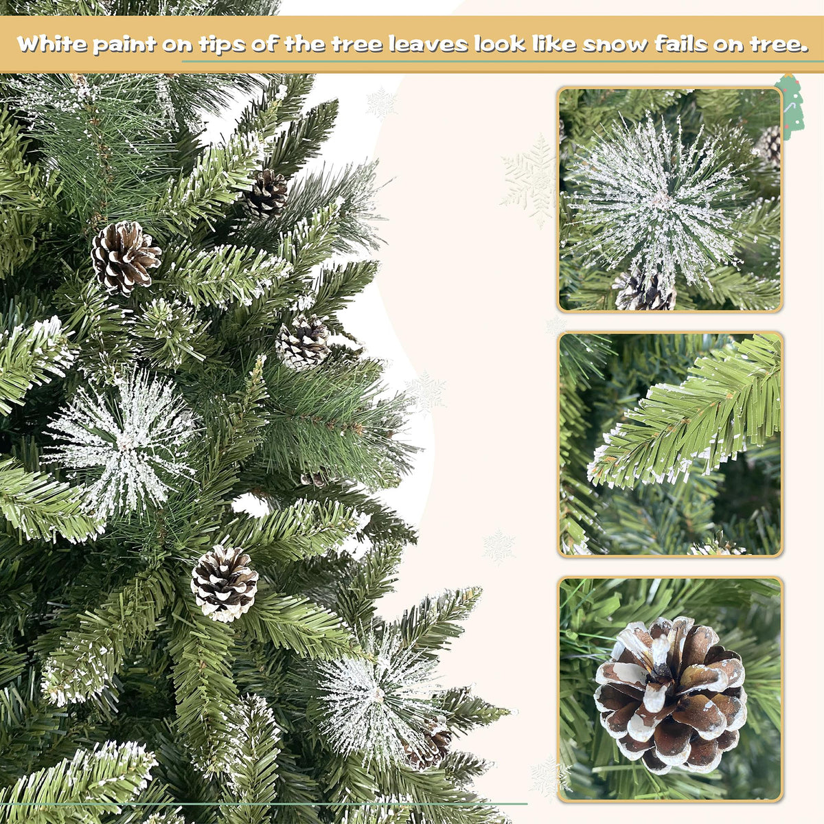 7.4FT Christmas Tree, Hinged Artificial Christmas Tree with 1300 Branch Tips and 65 Pine Cones, Christmas Pine Tree with Metal Stand, Decor for Party Wedding Office Home Bedroom, K1002