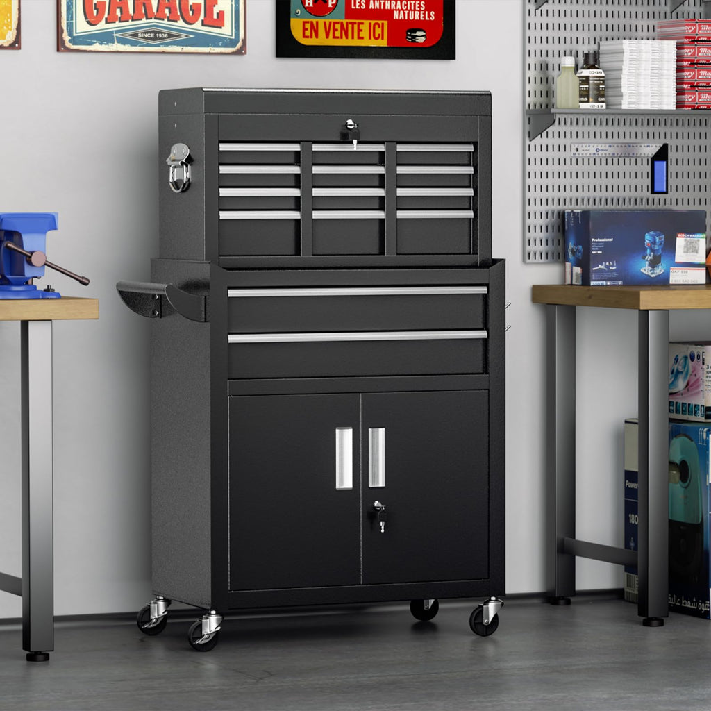 Metal Tool Chest, 8 Drawer Rolling Tool Chest with Wheels, Detachable Tool StoraCabinet with Lock for Garage, Assembled Steel Tool Cart with Liner & Hooks for Workshop, Warehouse (Black)