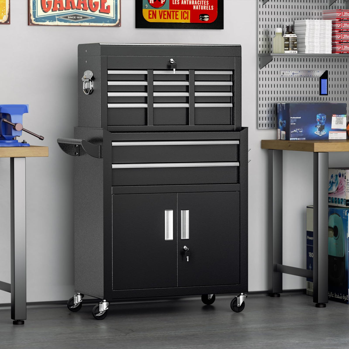 Metal Tool Chest, 8 Drawer Rolling Tool Chest with Wheels, Detachable Tool StoraCabinet with Lock for Garage, Assembled Steel Tool Cart with Liner & Hooks for Workshop, Warehouse (Black)