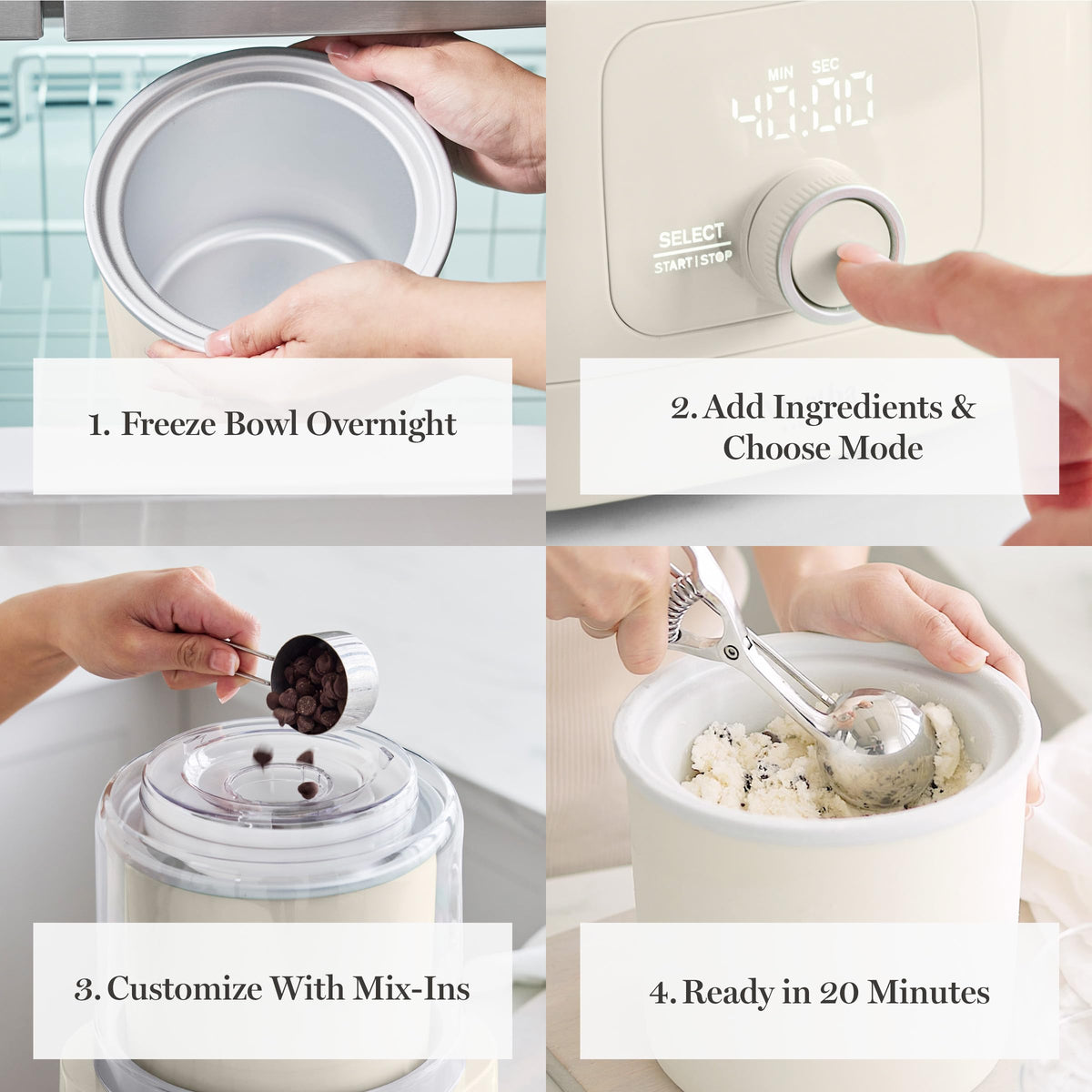 Ice Cream Maker, 2 Quart Double-Insulated Freezer Bowl, Sorbet & Frozen Yogurt, Ready in 20 Minutes, Mix-Ins Chute, Easy to Clean, Linen Cream