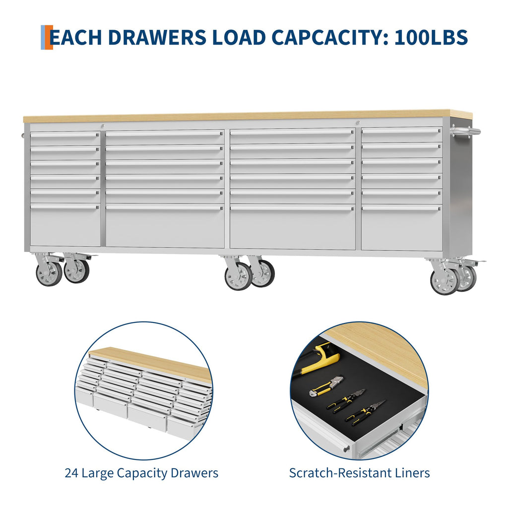 96 inch Tool Chest, Tool Box Mobile 24 Drawers StoraRolling Cabinet with Wheels Lock Key LocSystem Drawer Liners for GaraWarehouse Repair Shop
