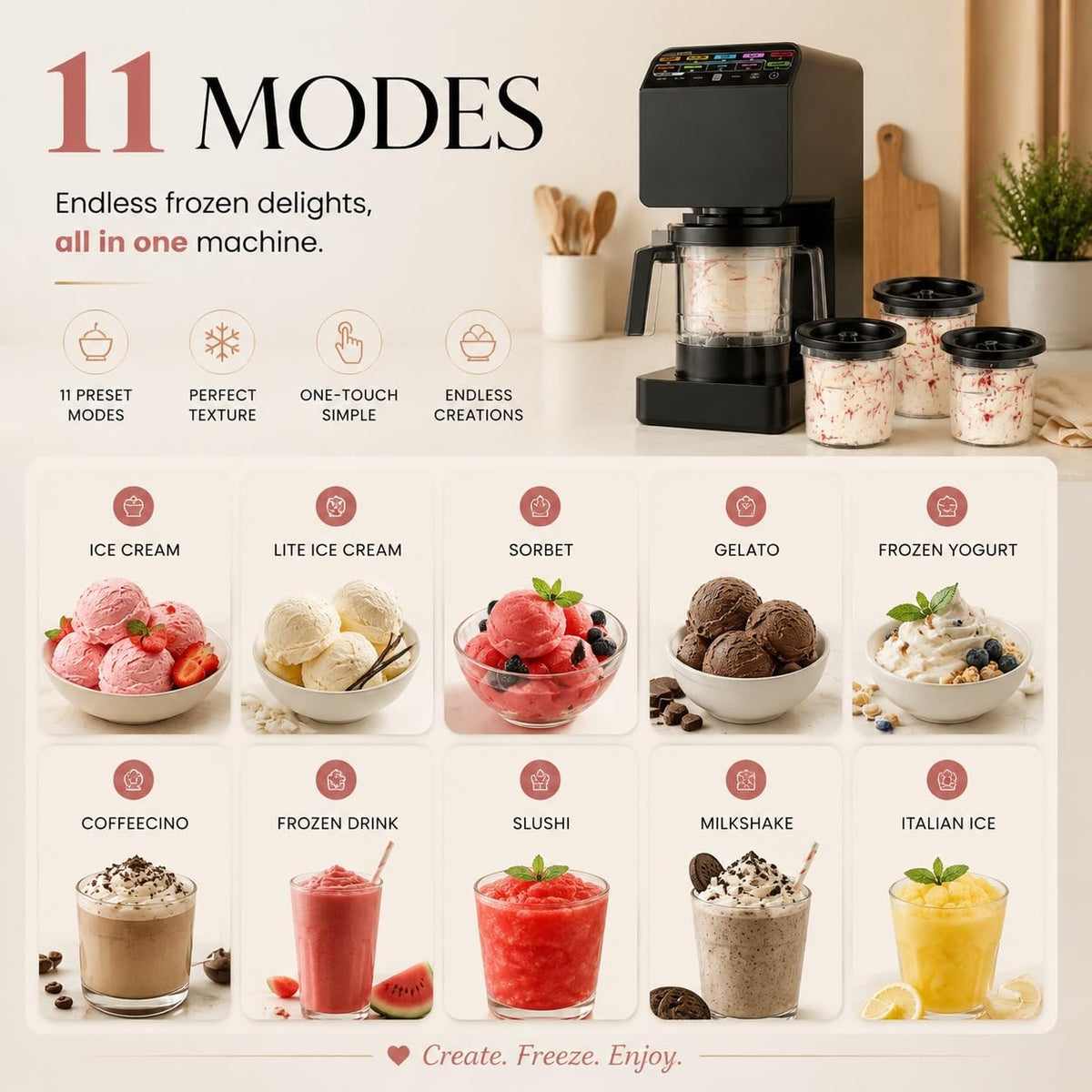 Ice Cream Maker – 11-in-1 Frozen Treat Maker for Ice Cream with 3 Pints, Gelato, Sorbet, Milkshakes & Smoothie Bowls | 800W, 11 One-Touch Programs, Technology | Keto, Vegan, Dairy-Options