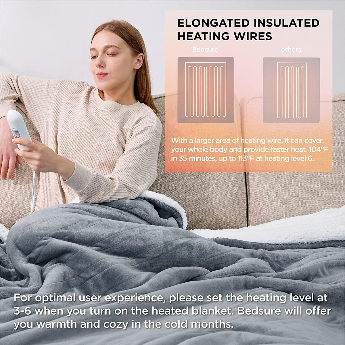Gt.man Heated Electric Blanket Twin - Soft Heated Blanket, 6 Heat Settings Heating Blanket with 10 Time Settings, 8hrs Timer Auto Shut Off (62×84 inches, Grey)