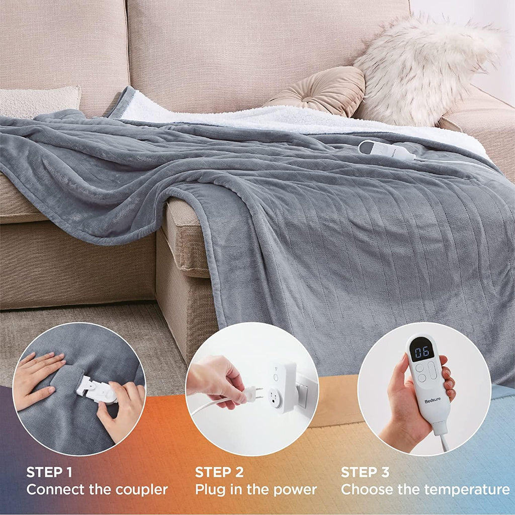 Gt.man Heated Electric Blanket Twin - Soft Heated Blanket, 6 Heat Settings Heating Blanket with 10 Time Settings, 8hrs Timer Auto Shut Off (62×84 inches, Grey)