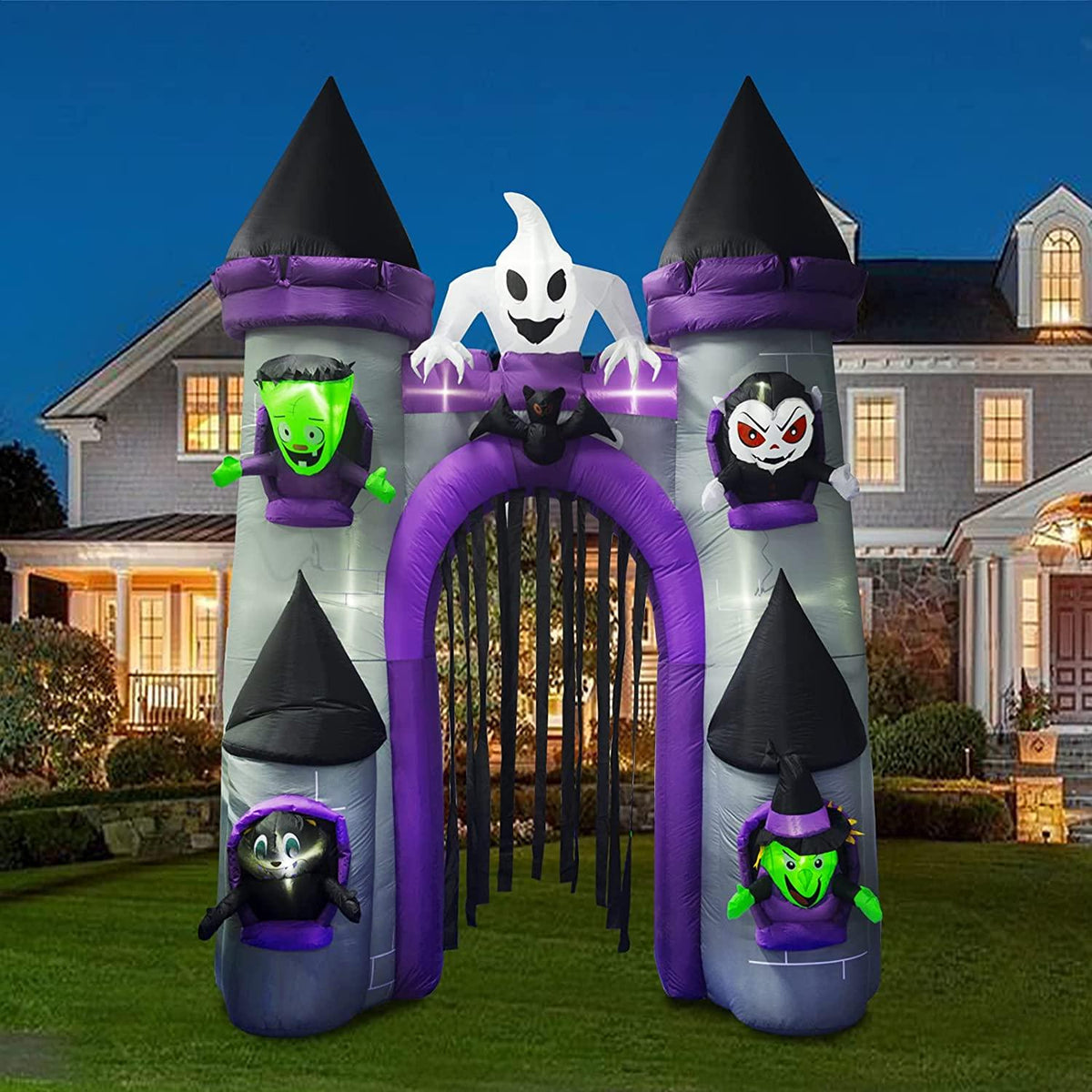10 Ft Halloween Inflatable Castle Archway with Ghost Green Weirdo Witch Vampire Bats Black Cat LED Lights Blow up Arch Decor Outdoor Lawn Holiday Decorations