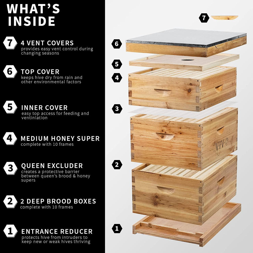 vivo complete beekeeping 30 frame beeswax coated beehive box kit with top vents, 10 medium, 20 deep, langstroth bee hive, bee-hv04c