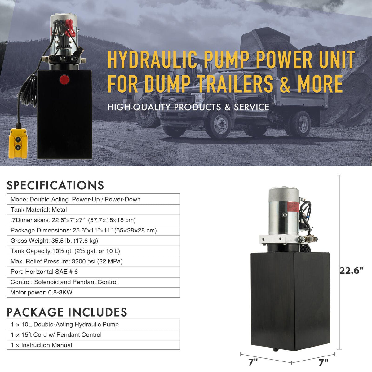 12 Volt Single Acting Hydraulic Pump for Dump Trailer 10 Quart Metal Reservoir