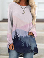 Women's Watercolor Mountain Printed Long Sleeve Blouse