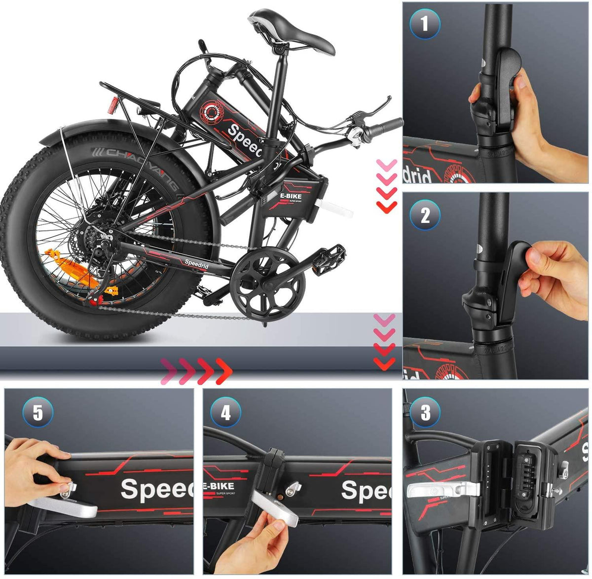 Speedrid Folding Electric Bike Fat Tire Electric Snow Bike 20" 4.0, 500W Powerful Motor, 36V 12.5Ah Removable Battery and Professional 6 Speed