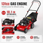 3 in 1 Self Propelled Gas Lawn Mower, 131cc 4-Stroke Engine with 50L Grass Bag &amp; Big Wheels, 3-in-1 Mulching/Side Discharge/Rear Bag, Push Button Start for Medium to LarLawns Red